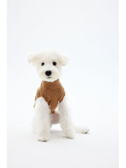 A white puppy wearing a camel-colored knit shirt